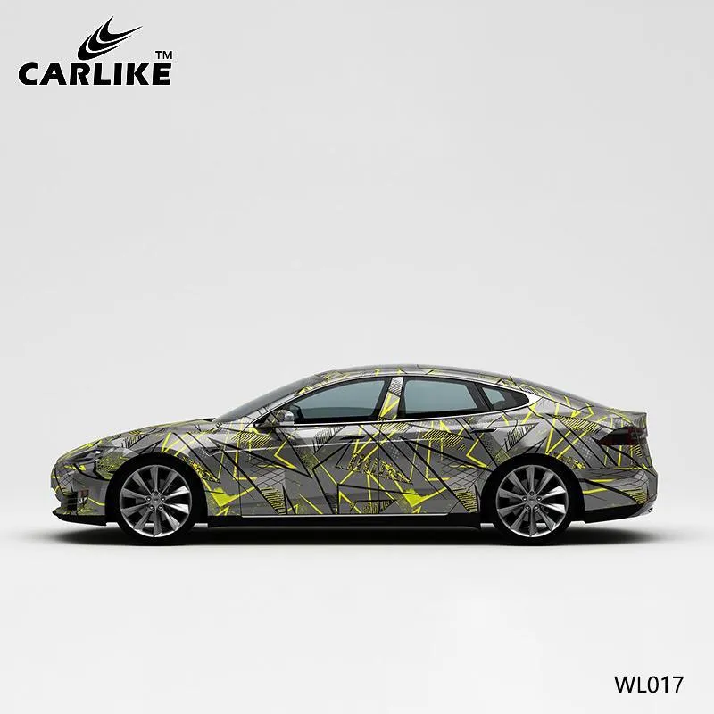 CARLIKE CL-WL017 motif lignes jaunes noires sur gris impression de haute précision emballage en vinyle de voiture personna...