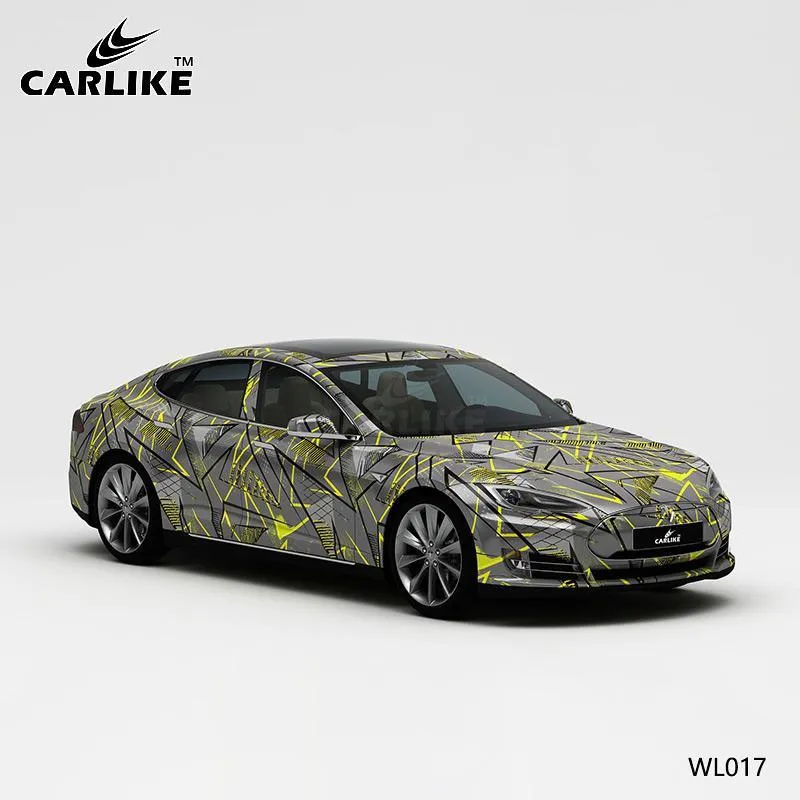 CARLIKE CL-WL017 motif lignes jaunes noires sur gris impression de haute précision emballage en vinyle de voiture personna...