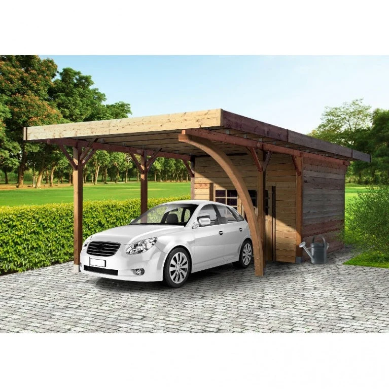 Carport en bois avec abri 4 x 7 m – Sapin du Nord traité – Toit plat métal – Abri voiture et rangement combiné