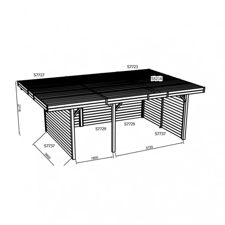 Carport en bois fermé 5 x 7 m – Sapin du Nord traité – Toit plat métal – Grand abri voiture double robuste et durable