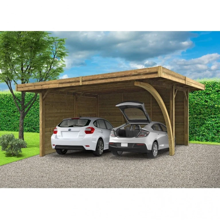 Carport en bois 5 x 6 m – Sapin du Nord traité – Toit plat métal – Abri voiture spacieux et durable