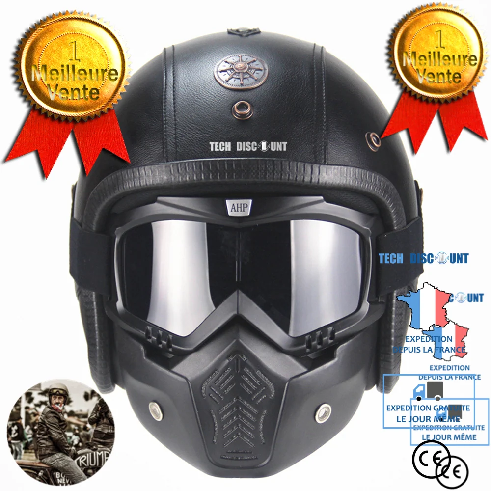 TD® Casque moto cross enfant homologué homme femme modulable vintage jet bluetooth intégré en cuir noir artificiel harley...