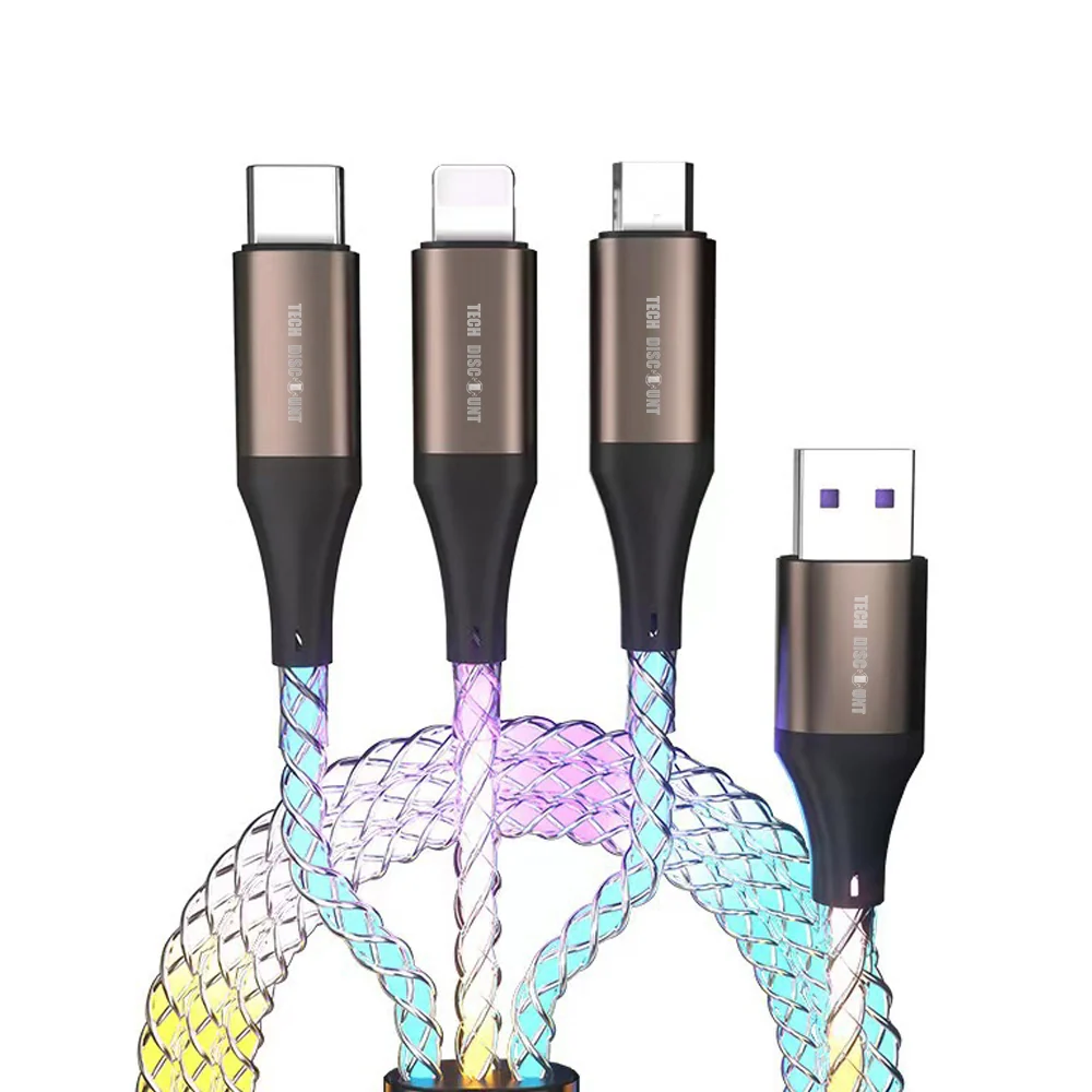 Câble de charge 3 en 1 Câble de données à charge super rapide à gradient lumineux pour voiture Convient pour TypeC, etc.