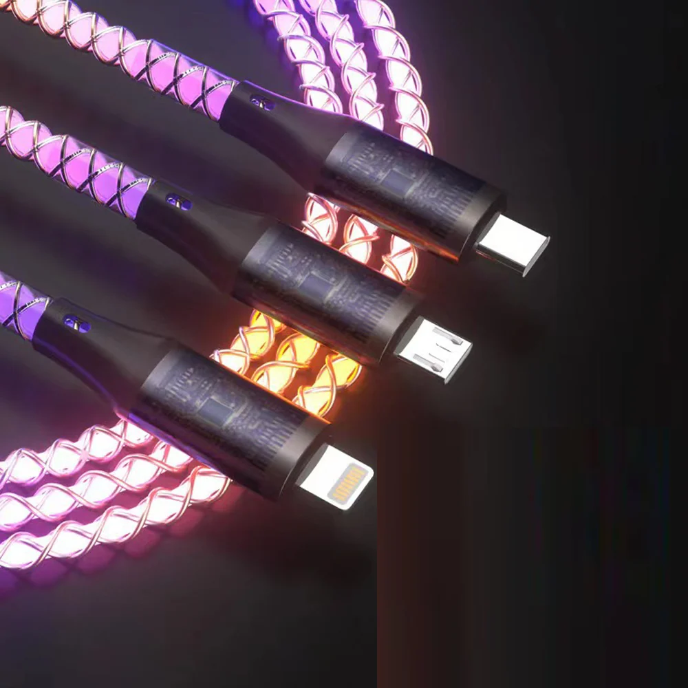 Câble de charge 3 en 1 Câble de données à charge super rapide à gradient lumineux pour voiture Convient pour TypeC, etc.