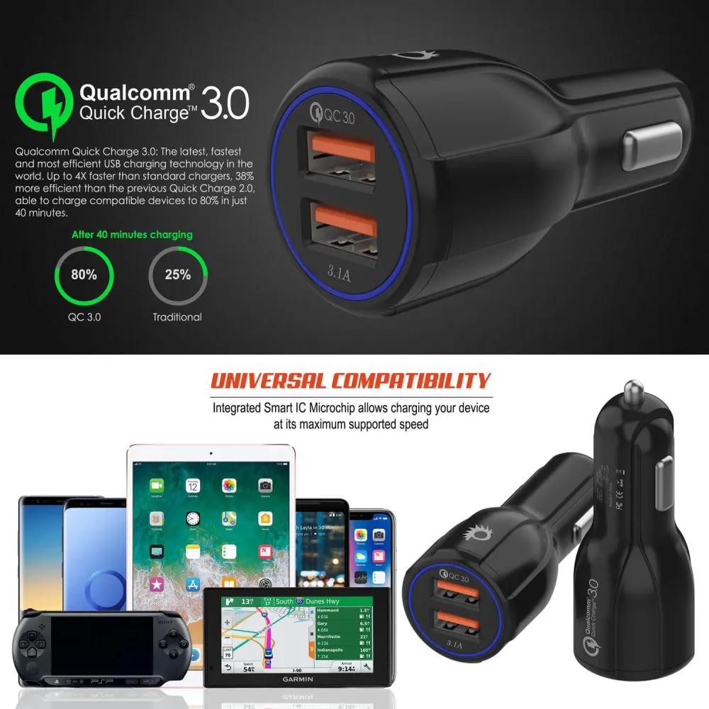 Chargeur mural et de voiture noir Ghostek® NRGcharge QuickCharge 2.0 Rapide Haute-vitesse avec câble Micro USB