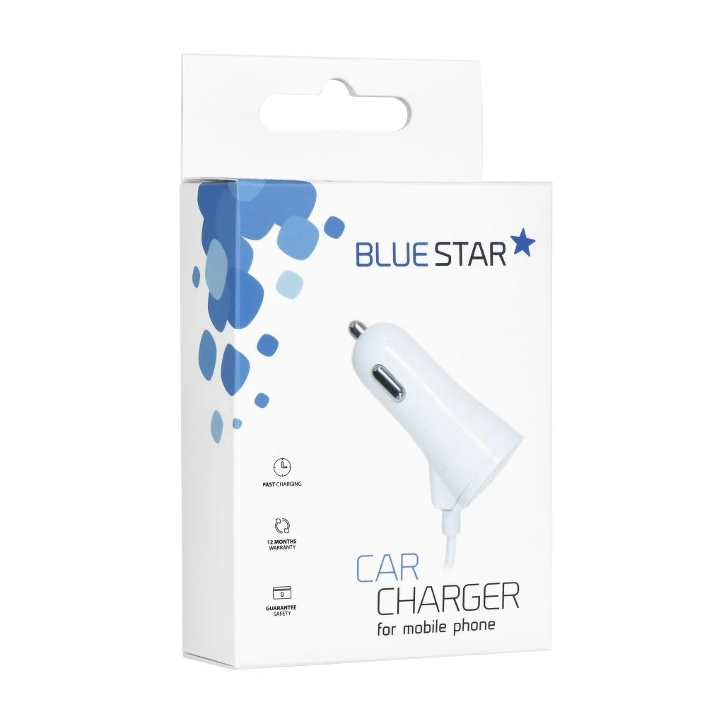 Chargeur de voiture BlueStar avec câble Apple Lightning fixe et port USB (2A -1A)