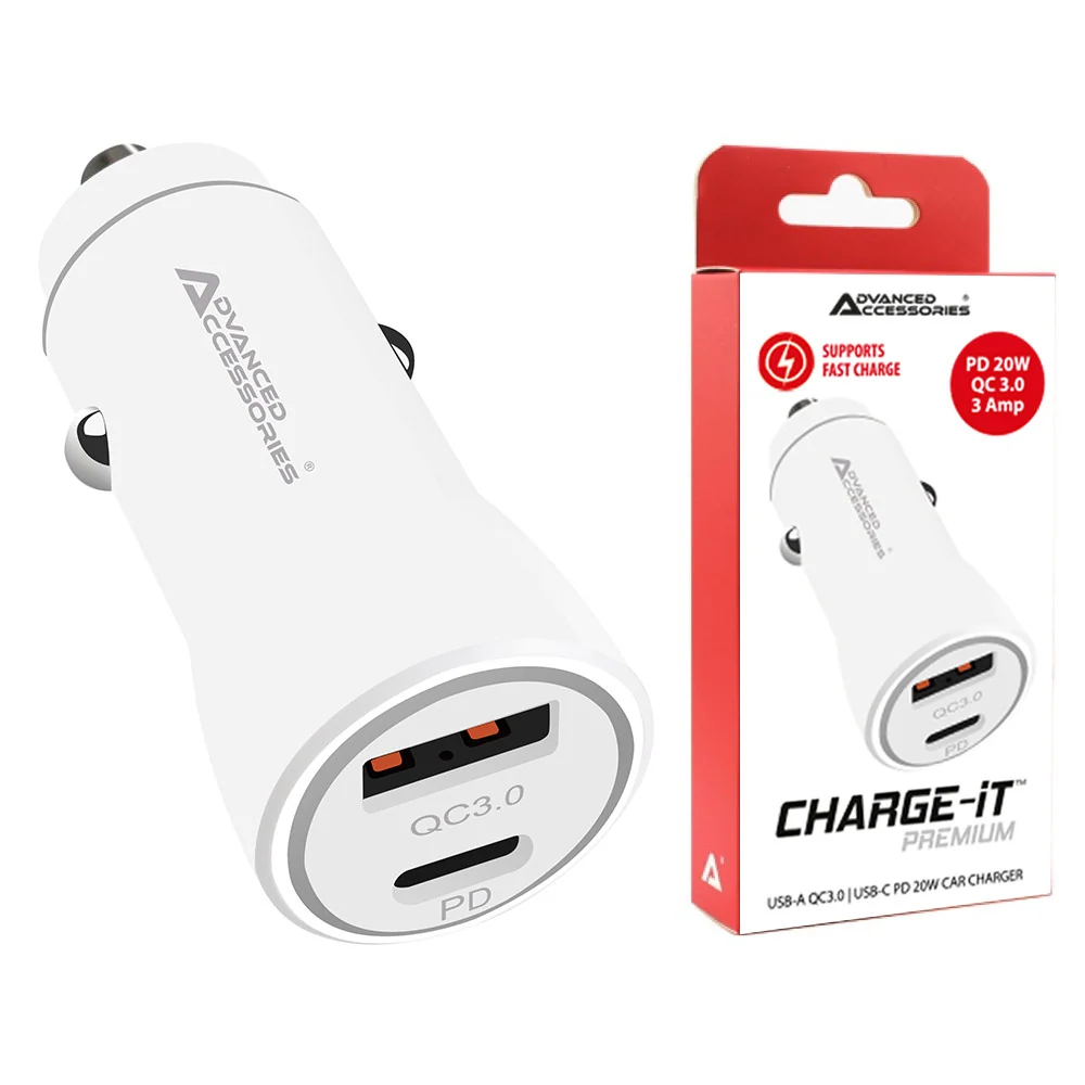 Chargeur de voiture double USB/USB-C AA Charge-iT Premium 20 W 3 PD QC | Blanc