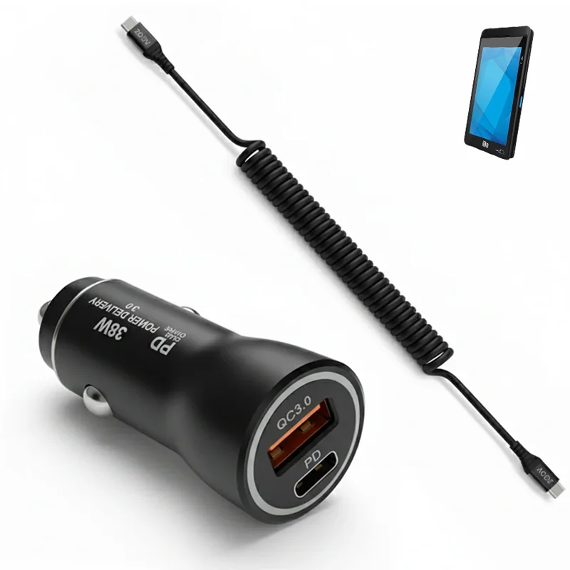Chargeur de voiture rapide 38W et câble enroulé USB-C pour Elo Pay M60 portable