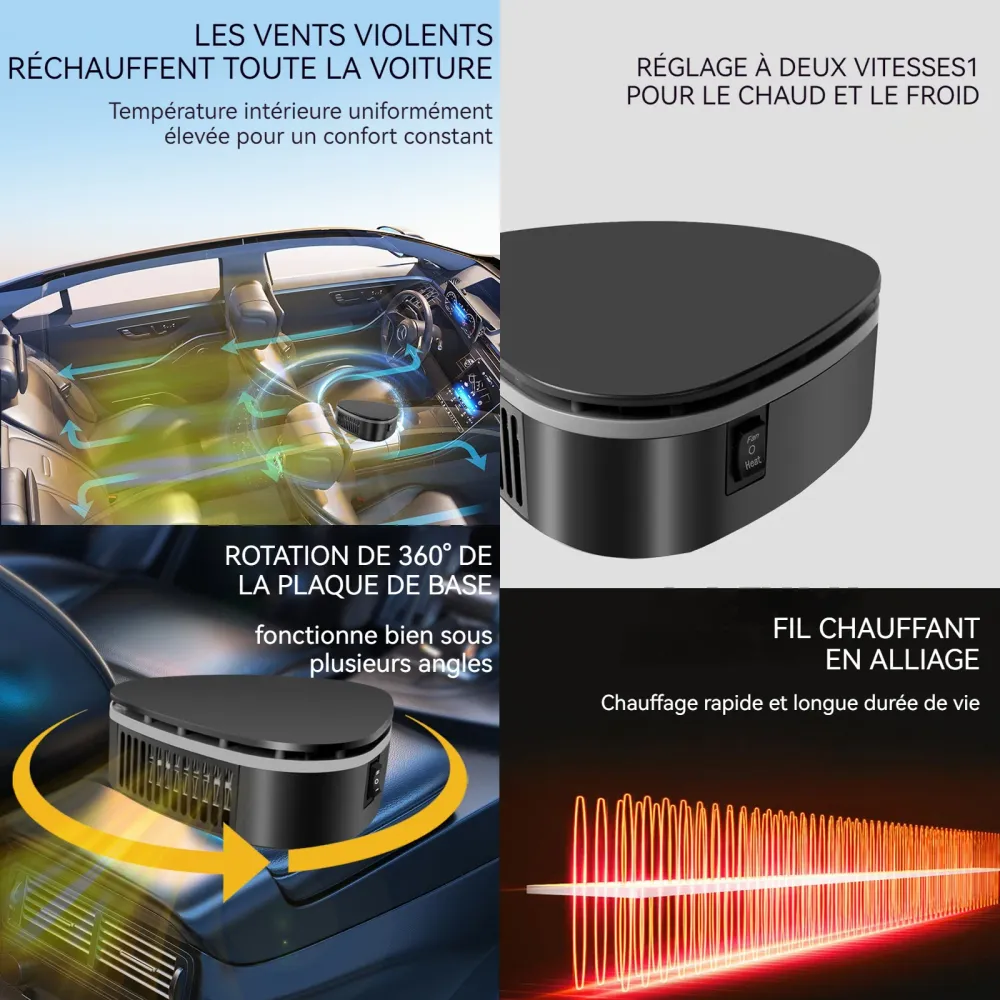 Chauffage de voiture 12x12x5cm air froid et chaud rotatif à 360 degrés dégivrage et désembuage chauffage réchauffeur de vo...