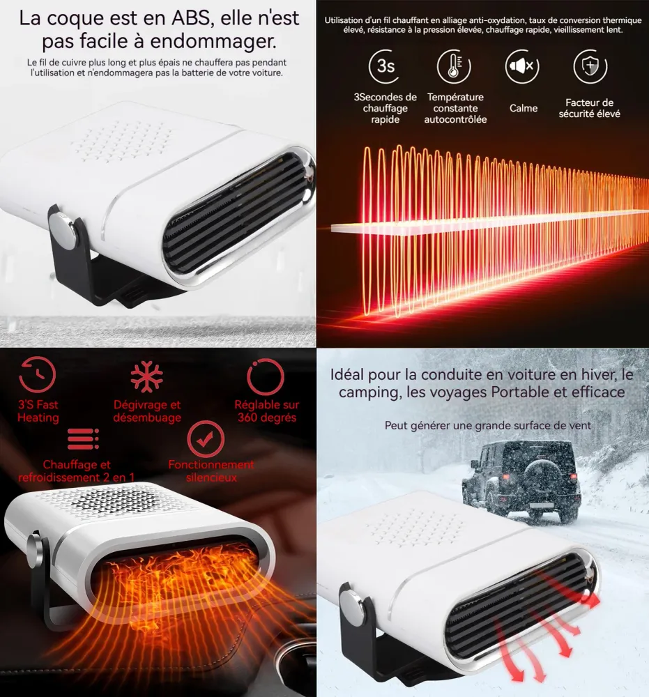 Chauffage de voiture 14x12x8cm air froid et chaud rotatif à 360 degrés dégivrage et désembuage chauffage réchauffeur de vo...