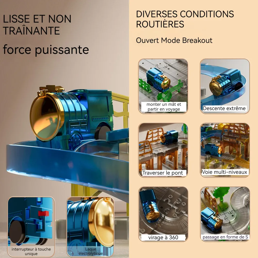 Circuit voiture enfant 132 pcs DIY train électrique avec lumière piste multicouche piste de course pour 4-6 ans garçons et...