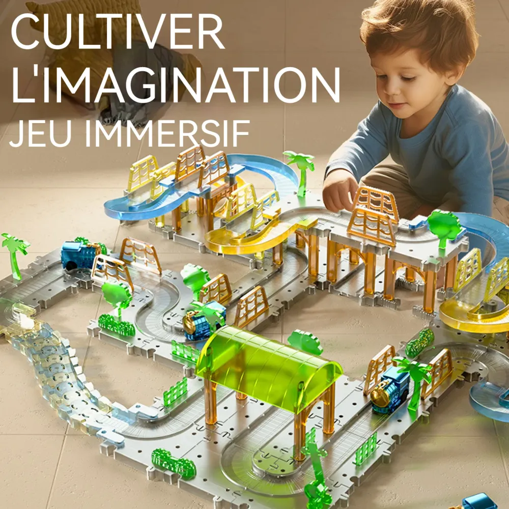 Circuit voiture enfant 132 pcs DIY train électrique avec lumière piste multicouche piste de course pour 4-6 ans garçons et...