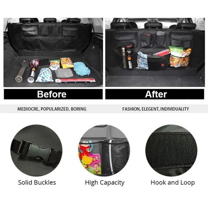 TD® Coffre de Rangement voiture Accessoire Voiture Double Capacité équipé de Elastic net & Velcro /Filet Plusieurs Poches...