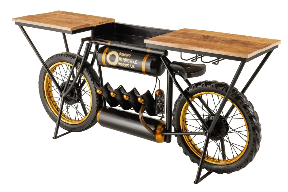Console industrielle MOTO 185cm bois de manguier noir comptoir de bar moto upcycling