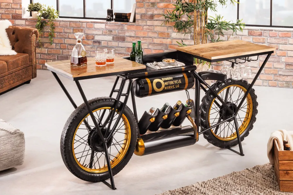 Console industrielle MOTO 185cm bois de manguier noir comptoir de bar moto upcycling