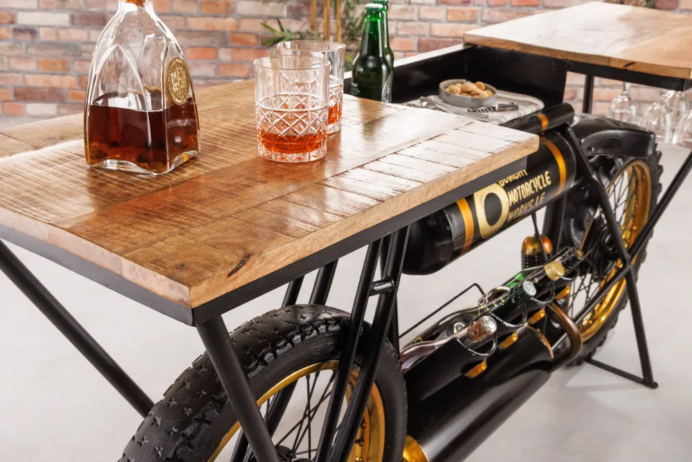 Console industrielle MOTO 185cm bois de manguier noir comptoir de bar moto upcycling