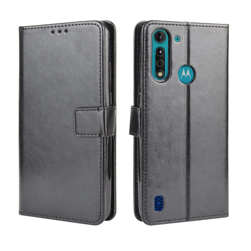 Coque arrière en cuir vegan Crazy Horse pour Motorola Moto G8 Power Lite - Noir