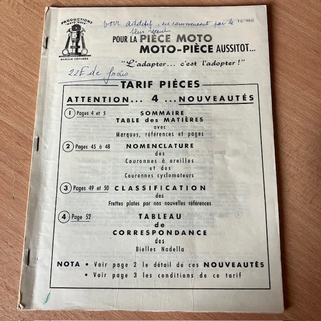 Document Publicité Livret Pour La Piece Moto Tarif TG 960