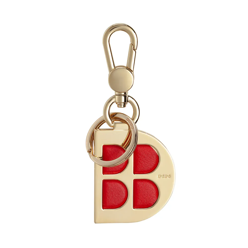 DUDU Porte-clés en métal en forme de D avec inserts en cuir véritable, porte-clés doré avec mousqueton et anneau, porte-cl...