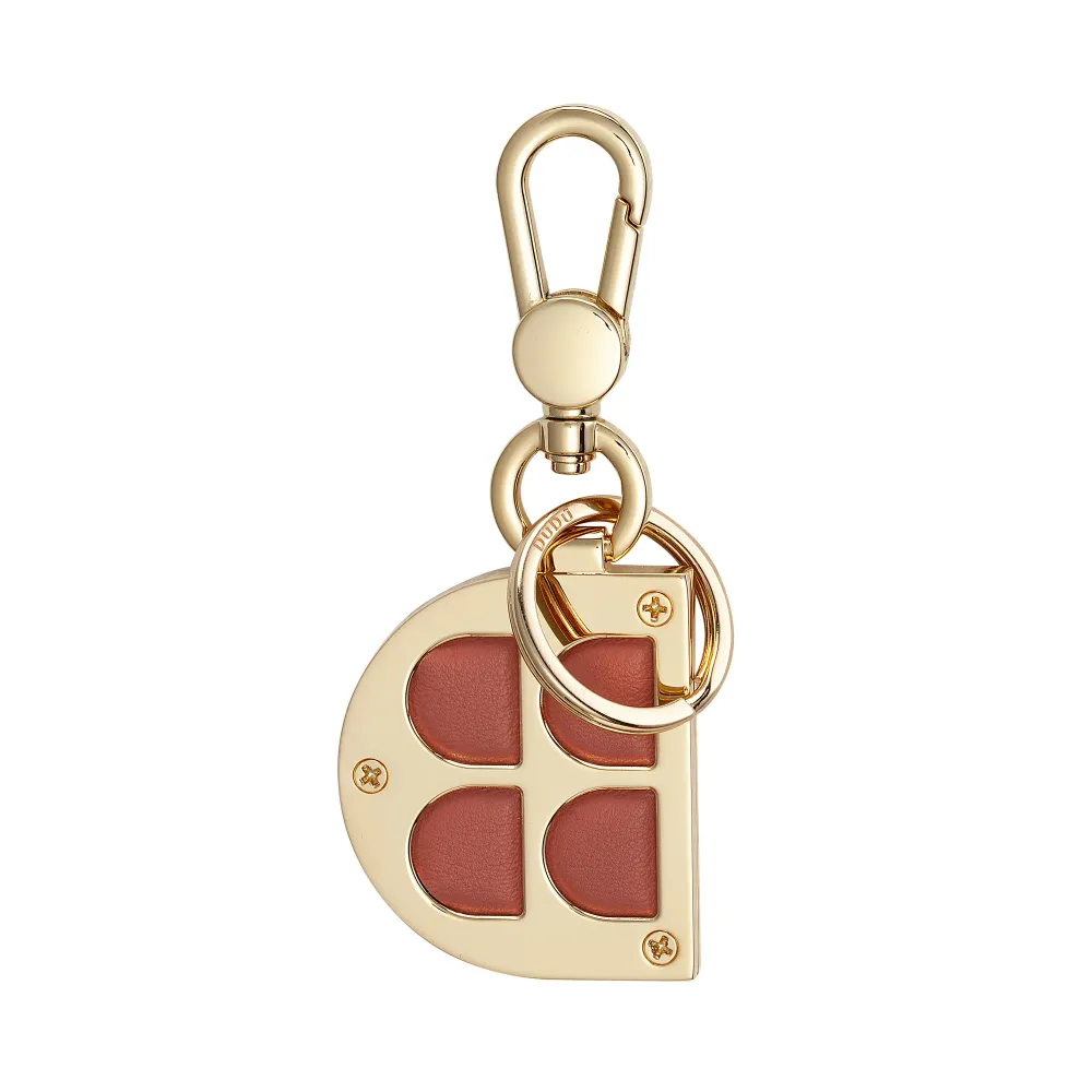 DUDU Porte-clés en métal en forme de D avec inserts en cuir véritable, porte-clés doré avec mousqueton et anneau, porte-cl...