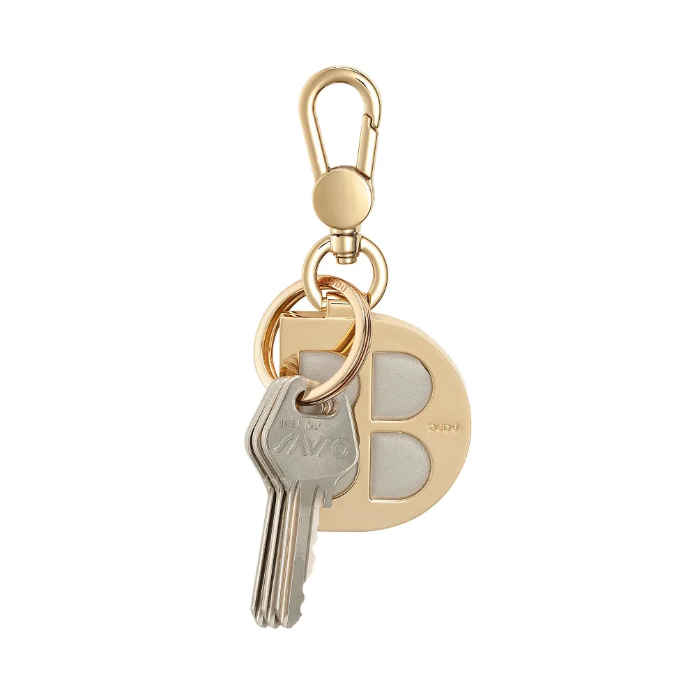 DUDU Porte-clés en métal en forme de D avec inserts en cuir véritable, porte-clés doré avec mousqueton et anneau, porte-cl...