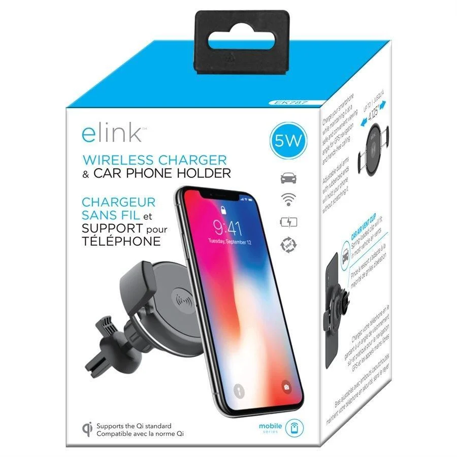 Elink EK787 - Chargeur Sans-Fil et Support pour Téléphone pour Voiture, Noir