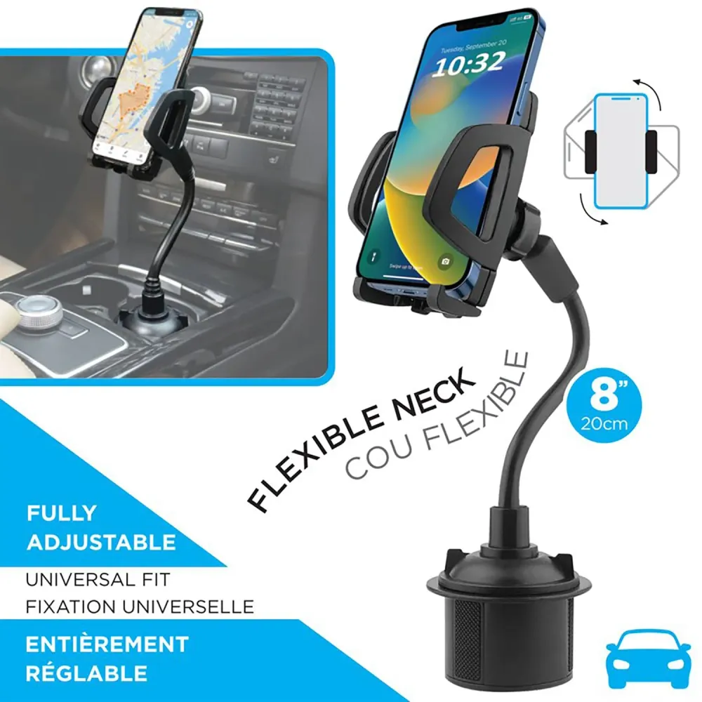 Elink - Support de Téléphone Universel avec Tête Rotative, Pour Porte-Gobelet de Voiture, Noir