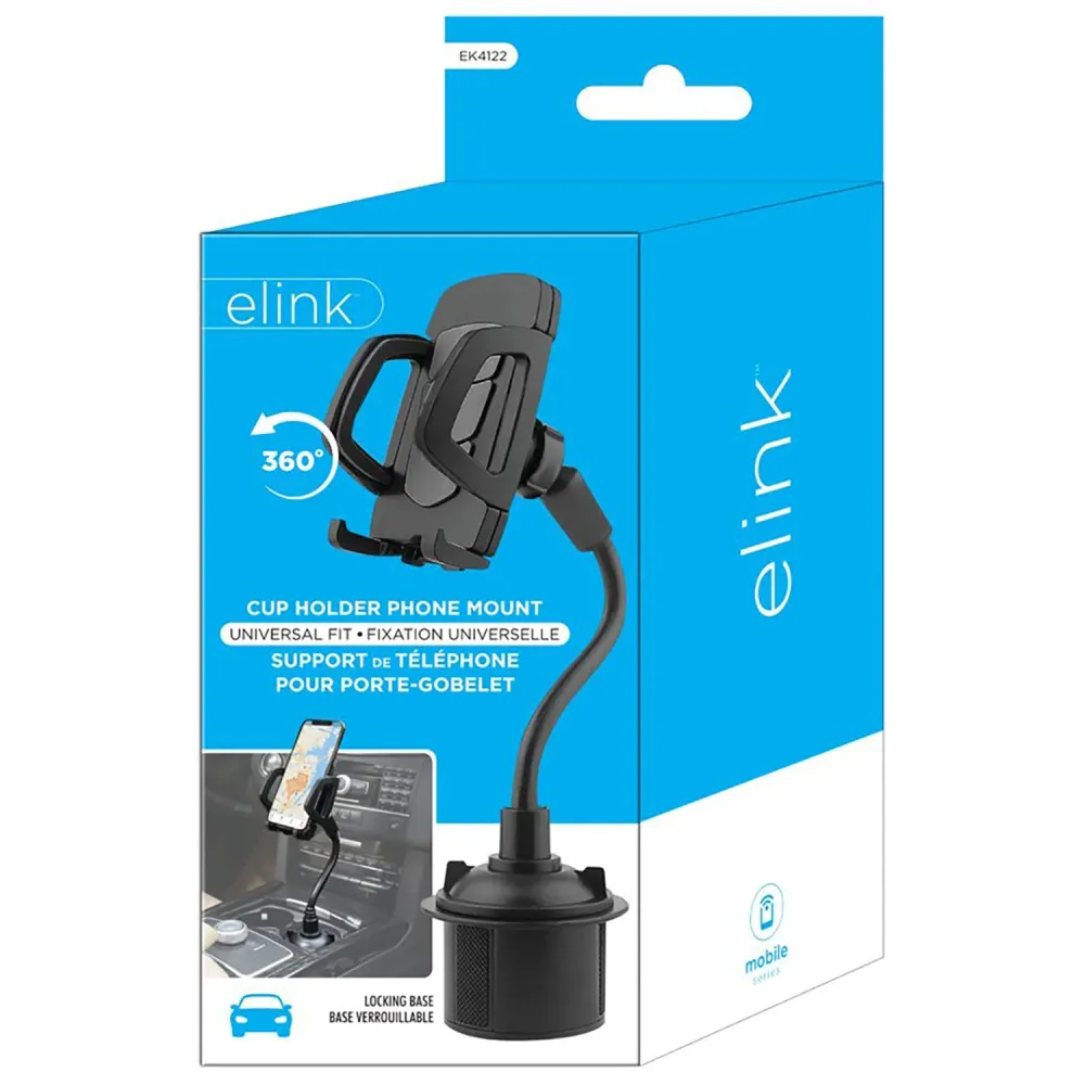 Elink - Support de Téléphone Universel avec Tête Rotative, Pour Porte-Gobelet de Voiture, Noir