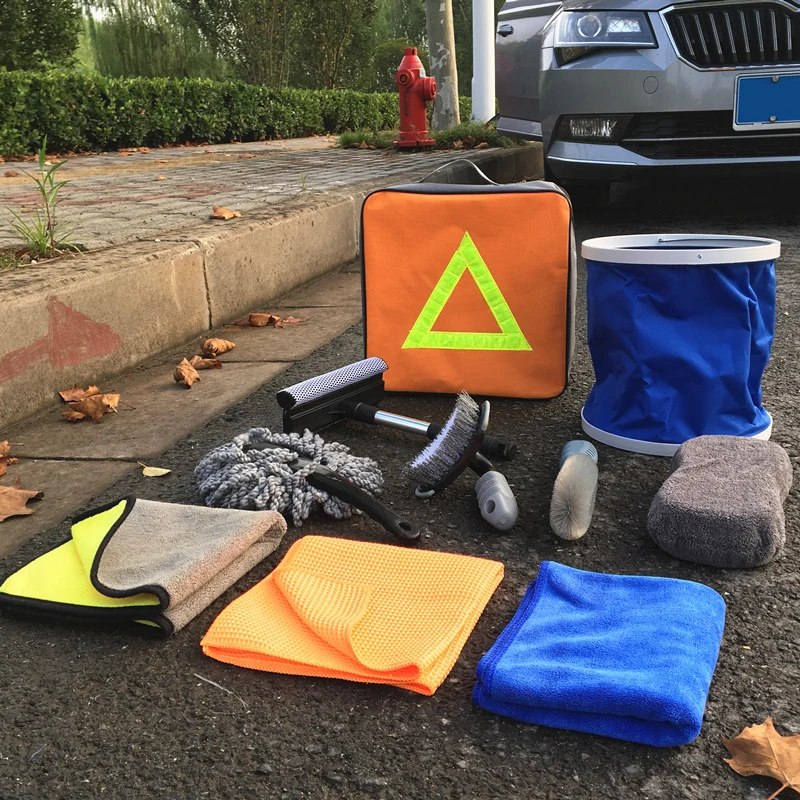 TD® Ensemble complet d'outils de lavage de voiture, serviette de nettoyage de voiture, éponge, brosse, seau, ensemble de d...