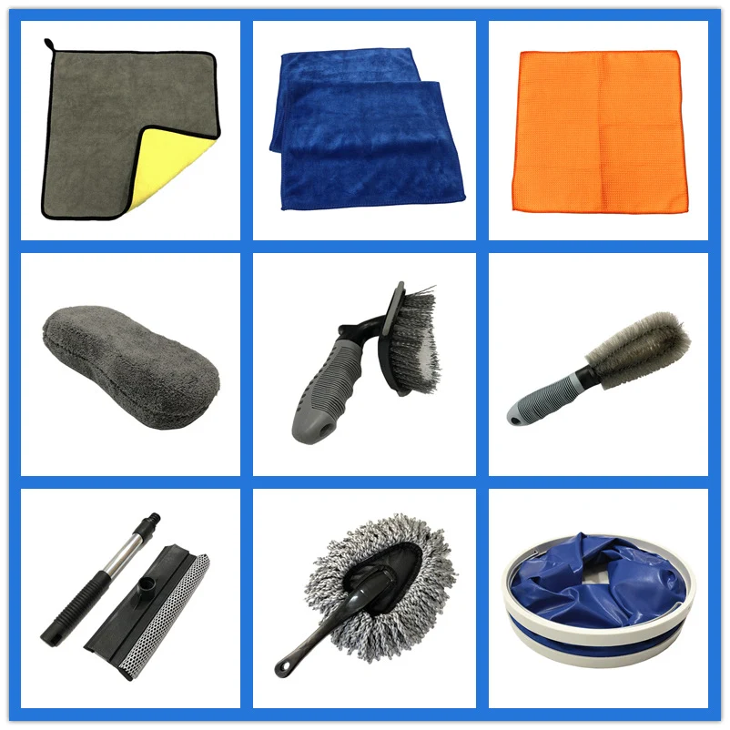 TD® Ensemble complet d'outils de lavage de voiture, serviette de nettoyage de voiture, éponge, brosse, seau, ensemble de d...