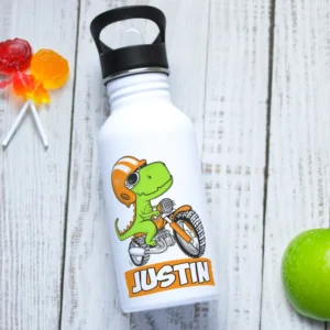 Gourde personnalisable Dino en moto avec prénom en acier inoxydable