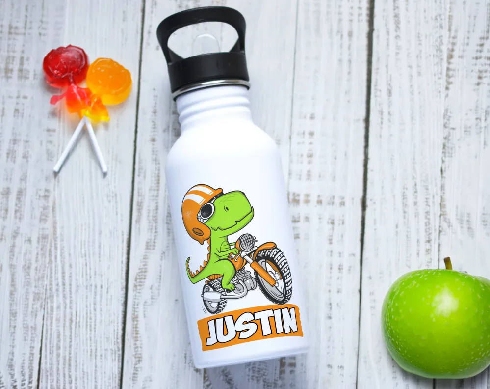 Gourde personnalisable Dino en moto avec prénom en acier inoxydable