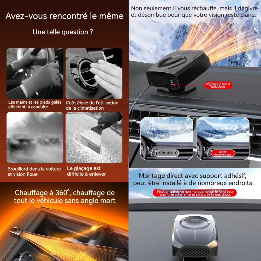 hauffage de voiture 13,3x5x7cm air froid et chaud rotatif à 360 degrés dégivrage et désembuage chauffage réchauffeur de vo...