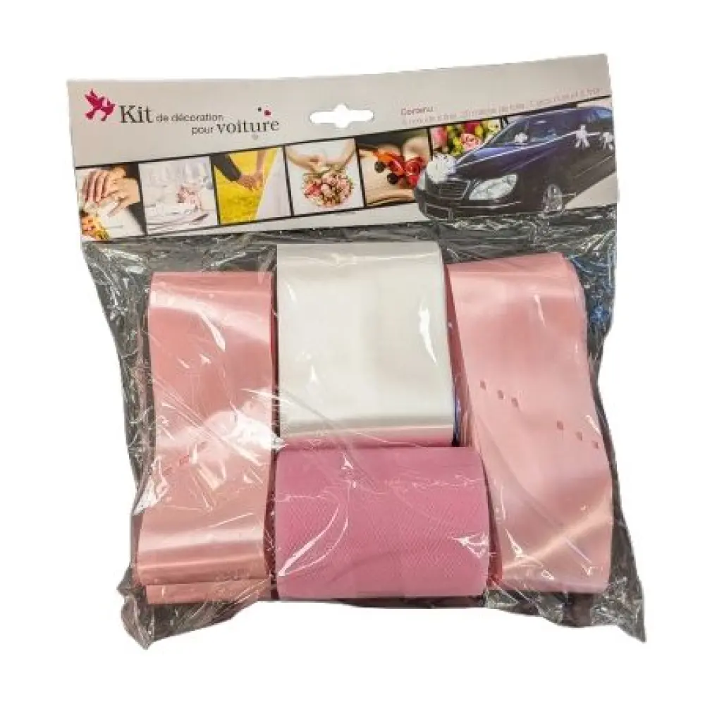 Kit Déco Voiture - Rose - 6 Nœuds à Tirer, 20m de Tulle et 1 Gros Nœud à Tirer