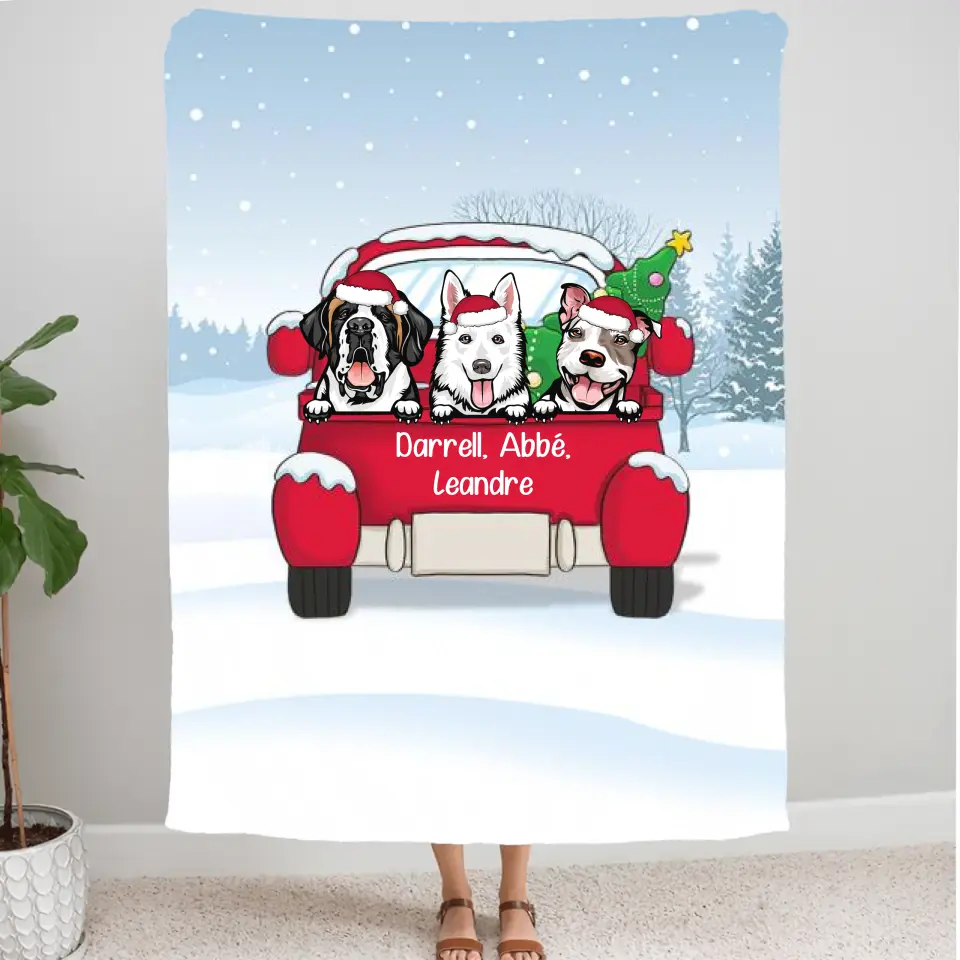 Couverture personnalisée, Plaid en polaire cadeau pour Maman et Papa Chien, jusqu'à 3 chiens, Voiture rouge, joyeux noël m...