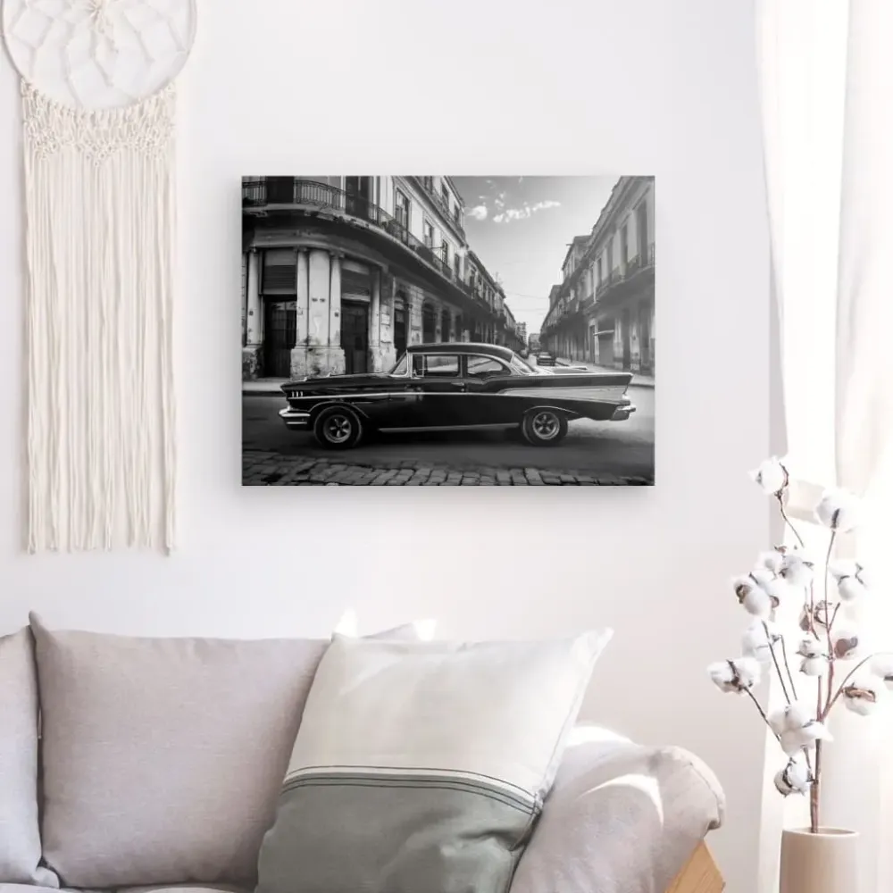 Tableau Voiture Cubaine Rue Noir et Blanc merchOne