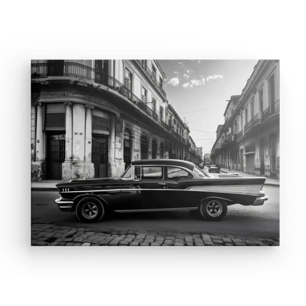 Tableau Voiture Cubaine Rue Noir et Blanc merchOne