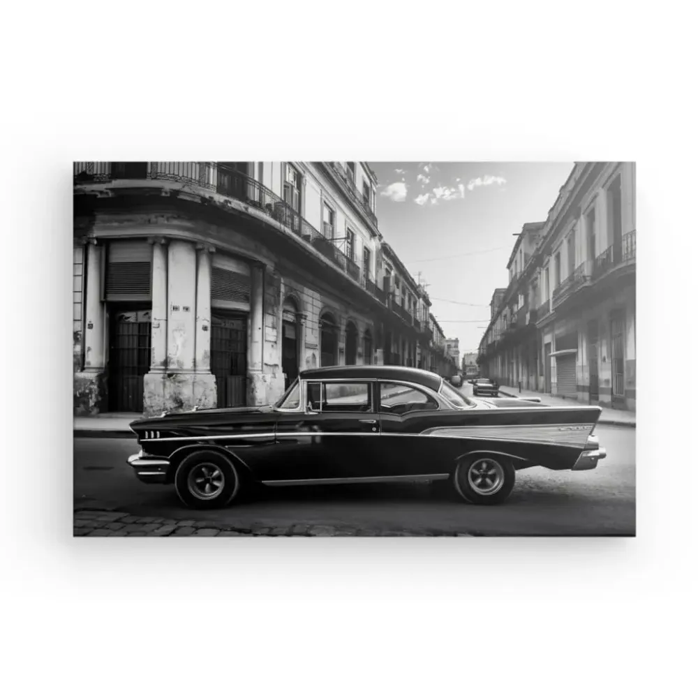 Tableau Voiture Cubaine Rue Noir et Blanc merchOne