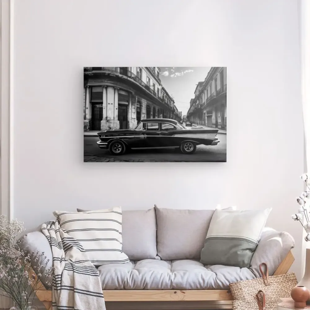 Tableau Voiture Cubaine Rue Noir et Blanc merchOne