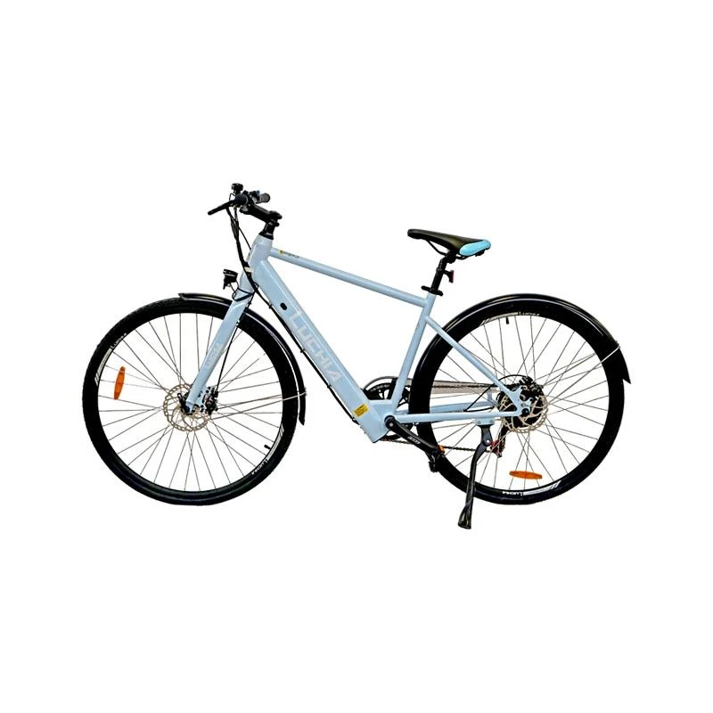 Vélo électrique urbain Atria bleu clair 700c avec cadre en acier et freins à disque MONORIM© SPAIN