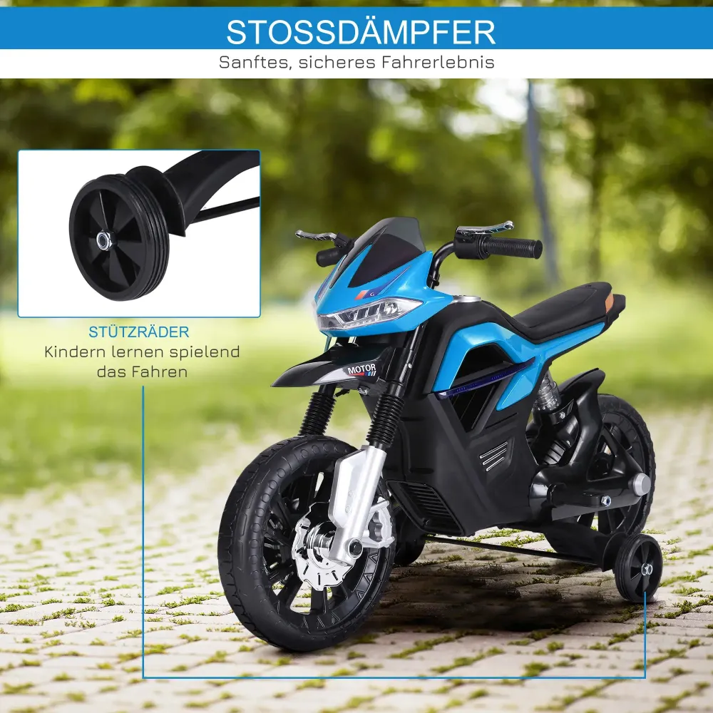 Moto électrique enfant 3-6 ans avec roues d'entraînement maximum 3 km/h métal + plastique bleu 105x52,3x62,3cm