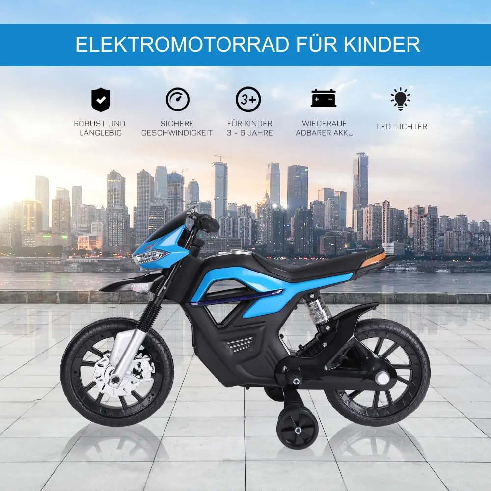 Moto électrique enfant 3-6 ans avec roues d'entraînement maximum 3 km/h métal + plastique bleu 105x52,3x62,3cm
