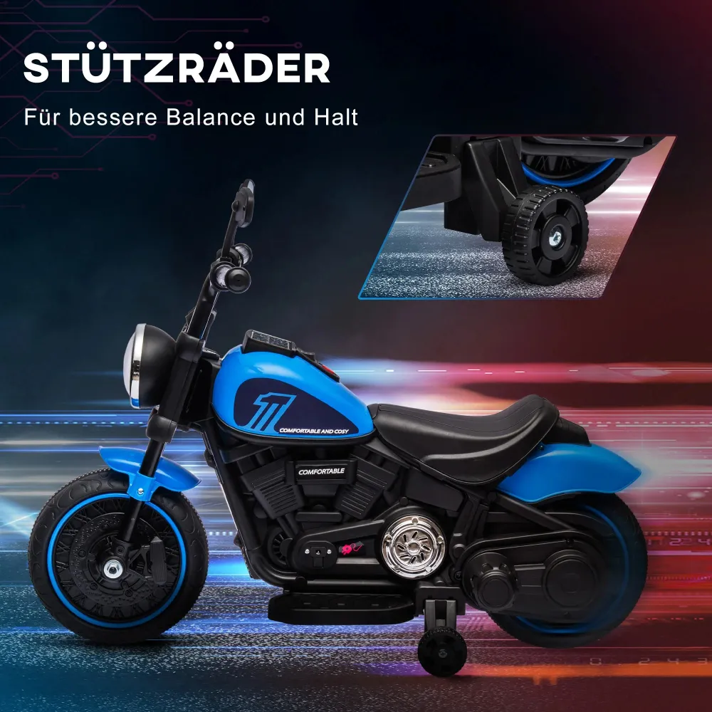 Moto électrique pour enfants, avec phare, 3 km/h, bleu + noir