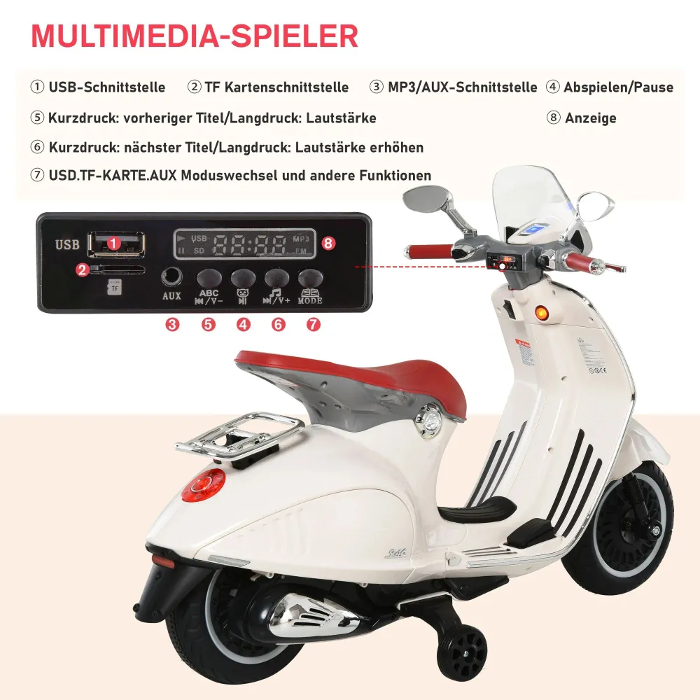 Moto pour enfants Vespa, moto électrique avec éclairage musical MP3, 3-6 ans, PP, blanc, 108x49x75cm