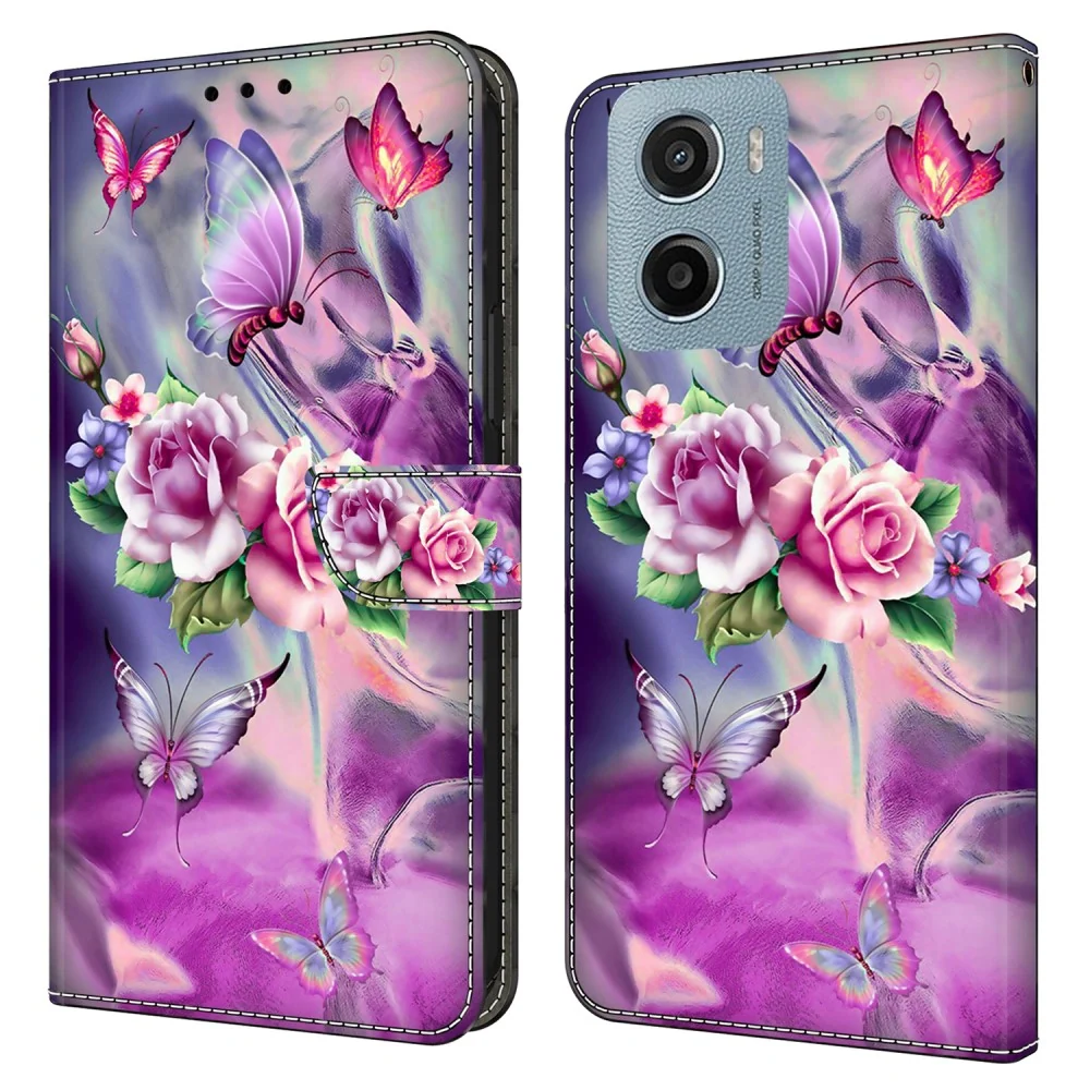 Motorola Moto E15 4G Case 3D Pattern Vegan Leather Wallet Phone Cover Stand - Butterflies / Flowers