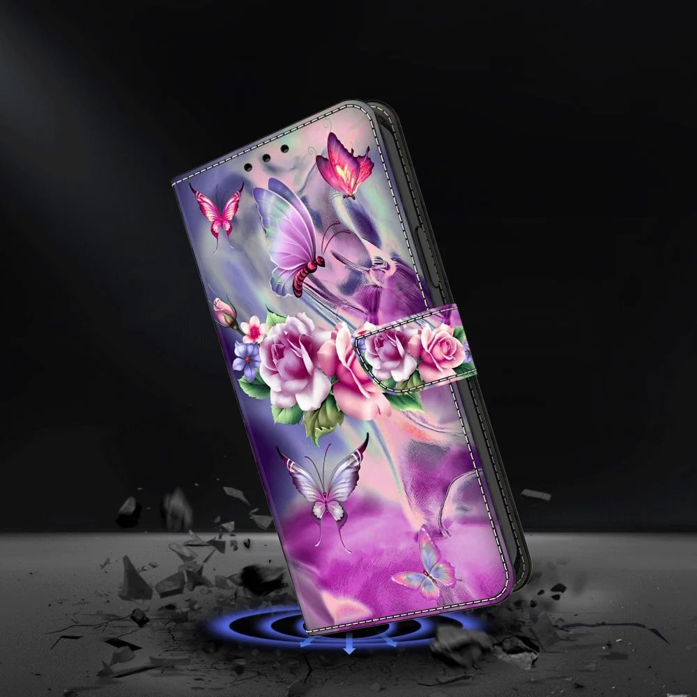 Motorola Moto E15 4G Case 3D Pattern Vegan Leather Wallet Phone Cover Stand - Butterflies / Flowers