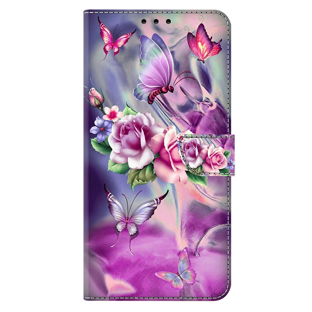 Motorola Moto E15 4G Case 3D Pattern Vegan Leather Wallet Phone Cover Stand - Butterflies / Flowers