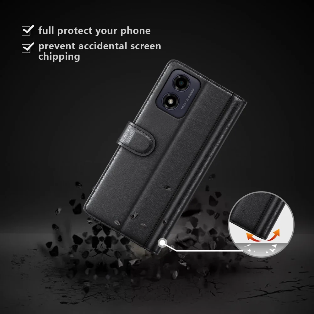 Motorola Moto G04 / Motorola Moto G24 étui en cuir véritable avec fentes pour cartes de crédit - Noir