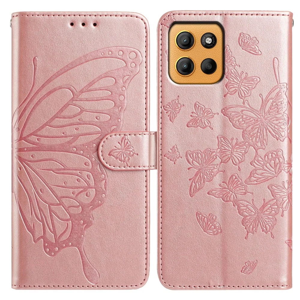 Motorola Moto G15 4G Case Butterfly Imprinted Wallet Stand Vegan Leather Flip Phone Cover Strap - Rose Gold