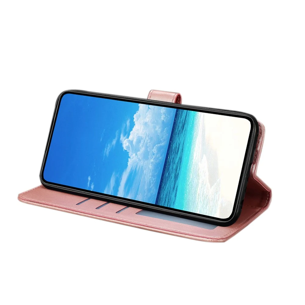 Motorola Moto G15 4G Case Butterfly Imprinted Wallet Stand Vegan Leather Flip Phone Cover Strap - Rose Gold